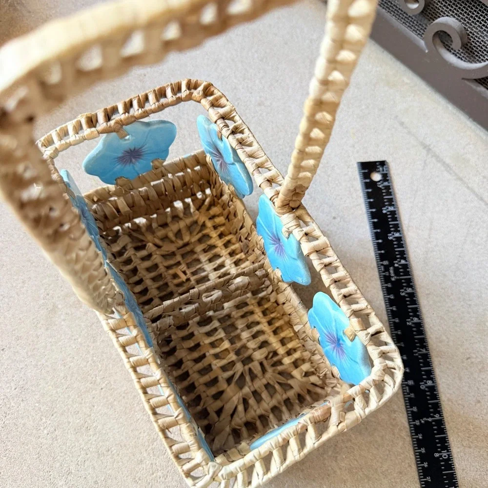 Vintage Woven Straw Basket Ceramic Blue Morning Glory Flowers Bohemain Caddy